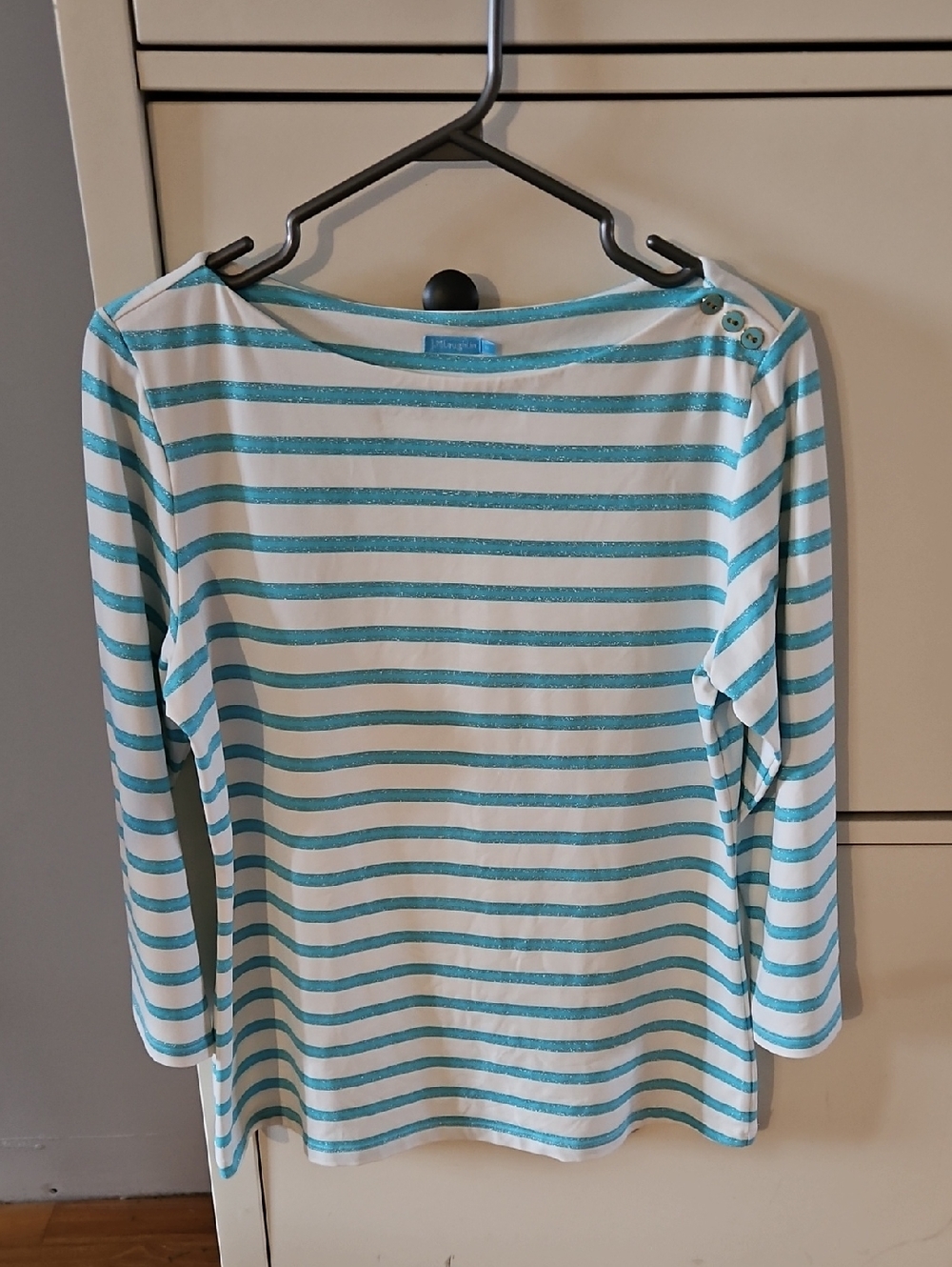 J. McLaughlin Wavesong Blue and White Striped 3/4 Sleeve Boatneck Top Size M
